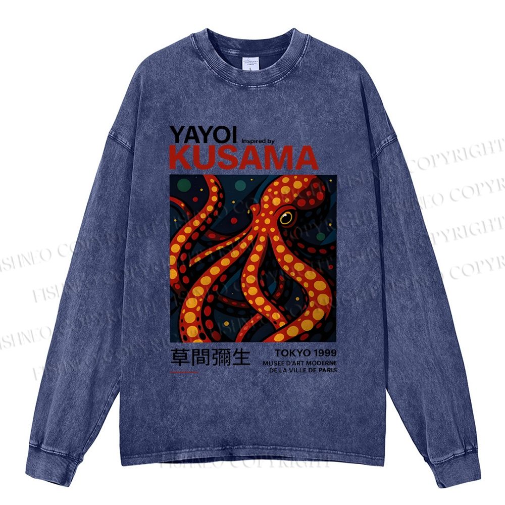 Unisex Casual Washed Yayoi Kusama Octopus Printed Long Sleeve T-shirt