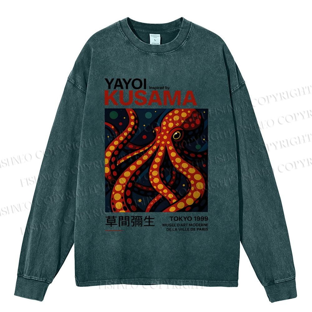 Unisex Casual Washed Yayoi Kusama Octopus Printed Long Sleeve T-shirt