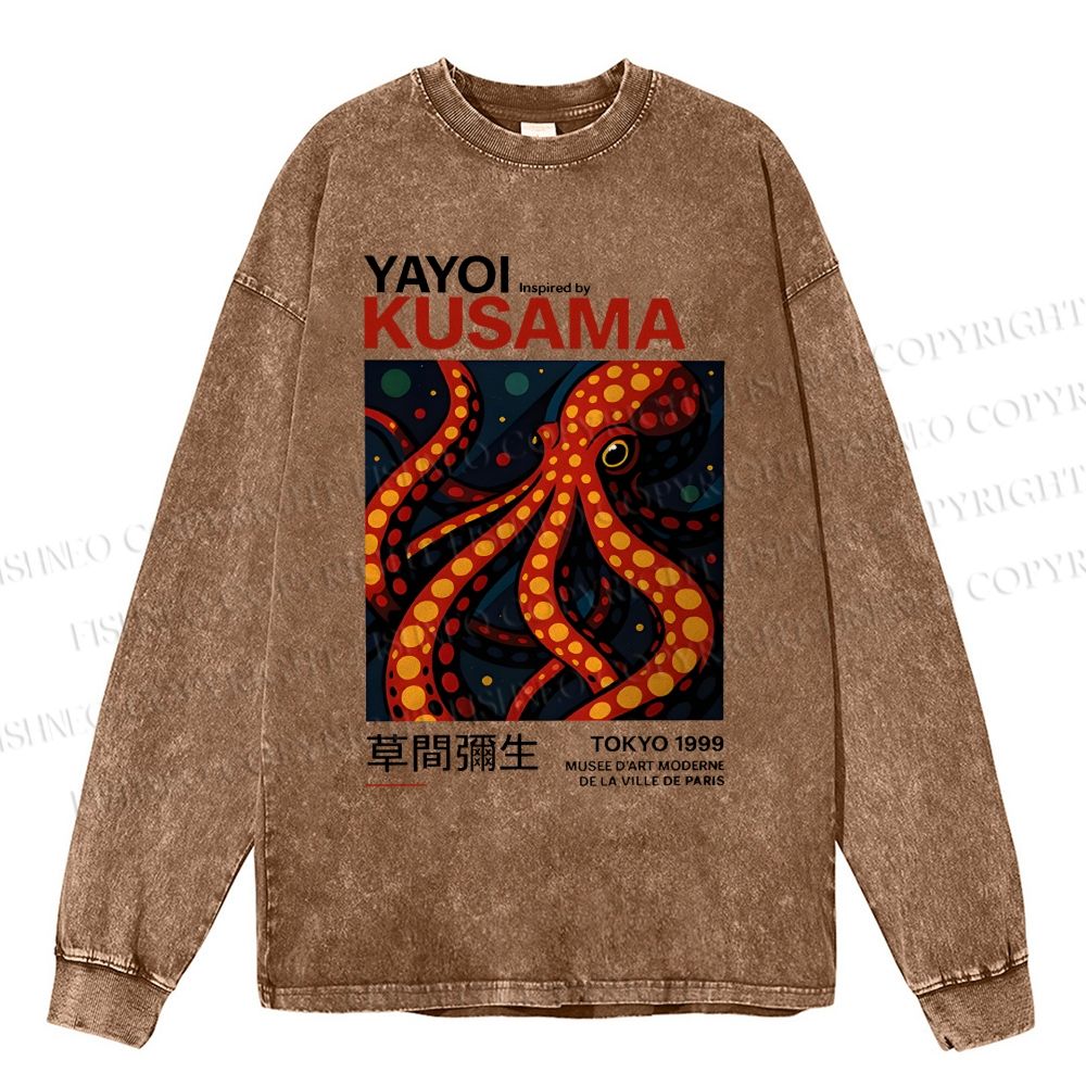 Unisex Casual Washed Yayoi Kusama Octopus Printed Long Sleeve T-shirt