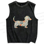 Unisex Floral Dachshund Printed Washed Tank Top