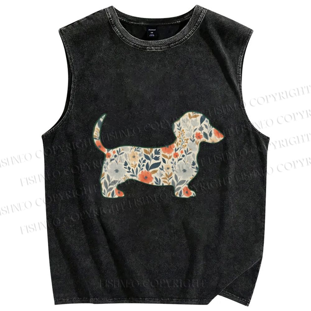 Unisex Floral Dachshund Printed Washed Tank Top