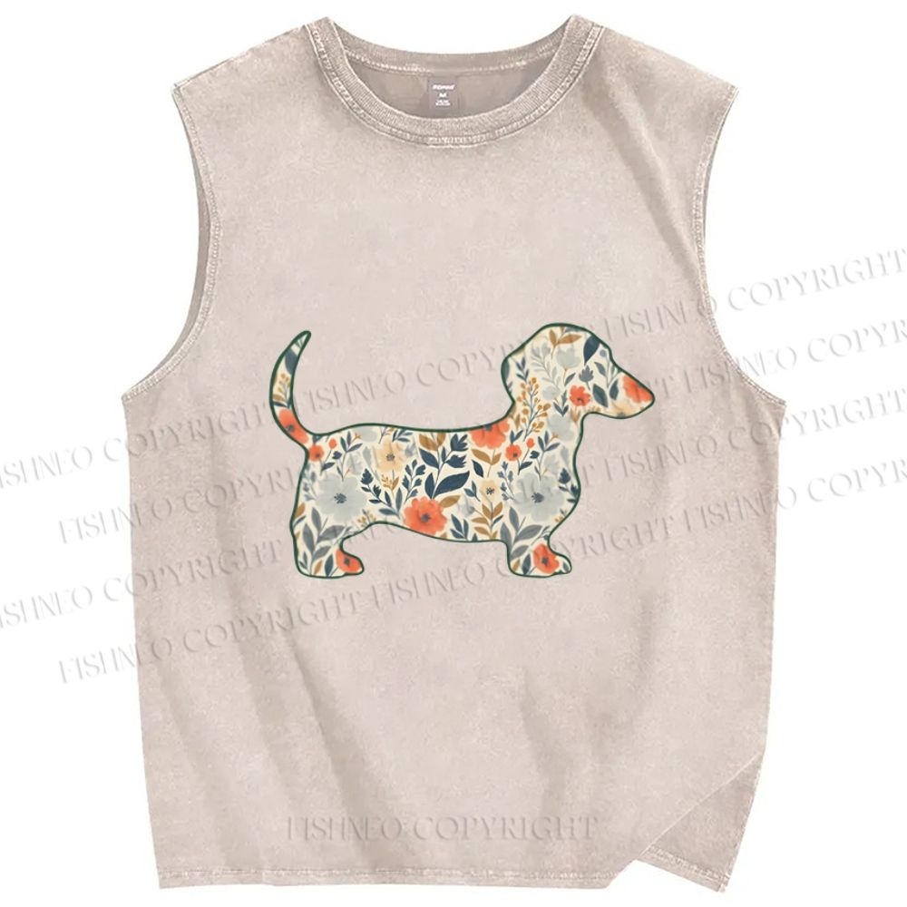 Unisex Floral Dachshund Printed Washed Tank Top