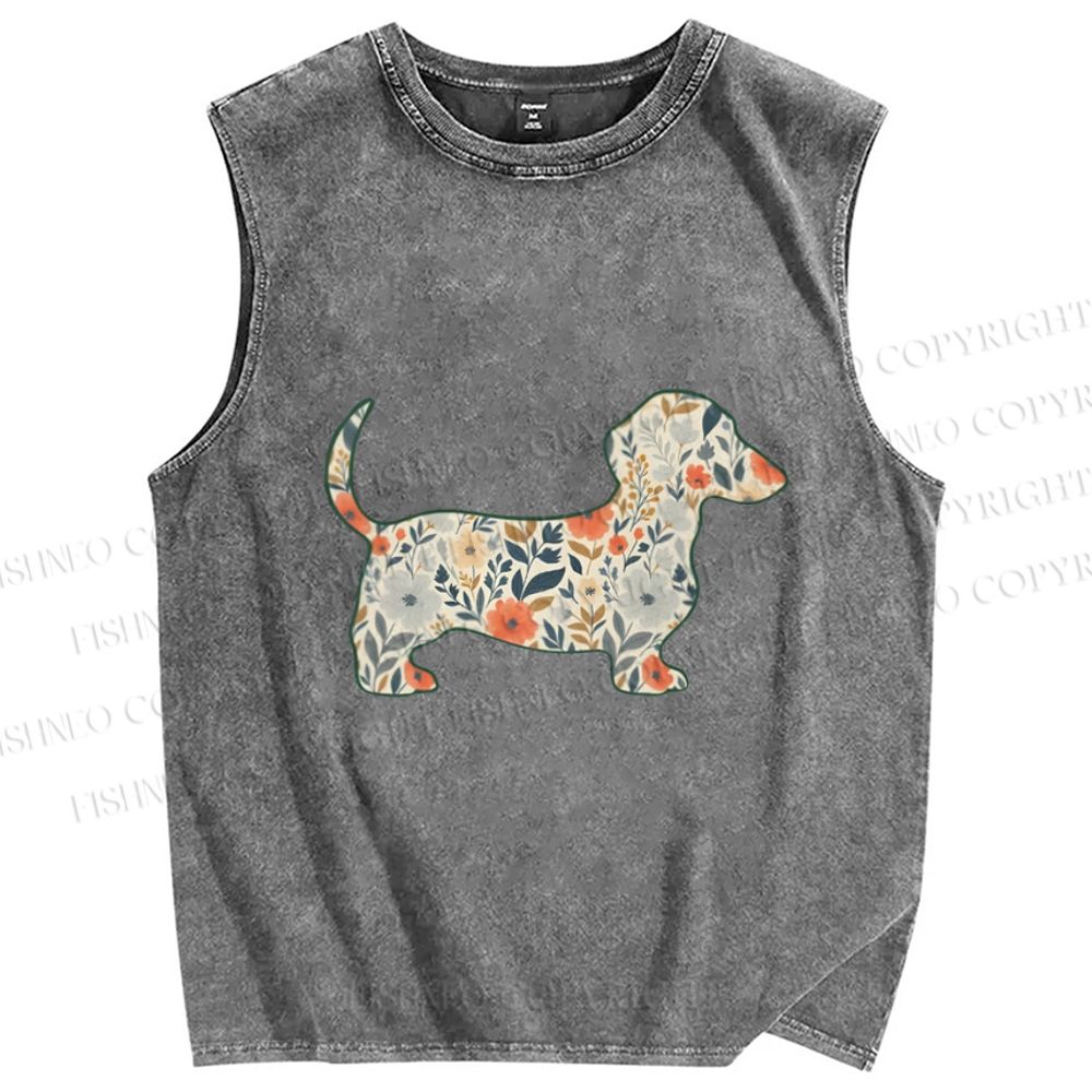 Unisex Floral Dachshund Printed Washed Tank Top