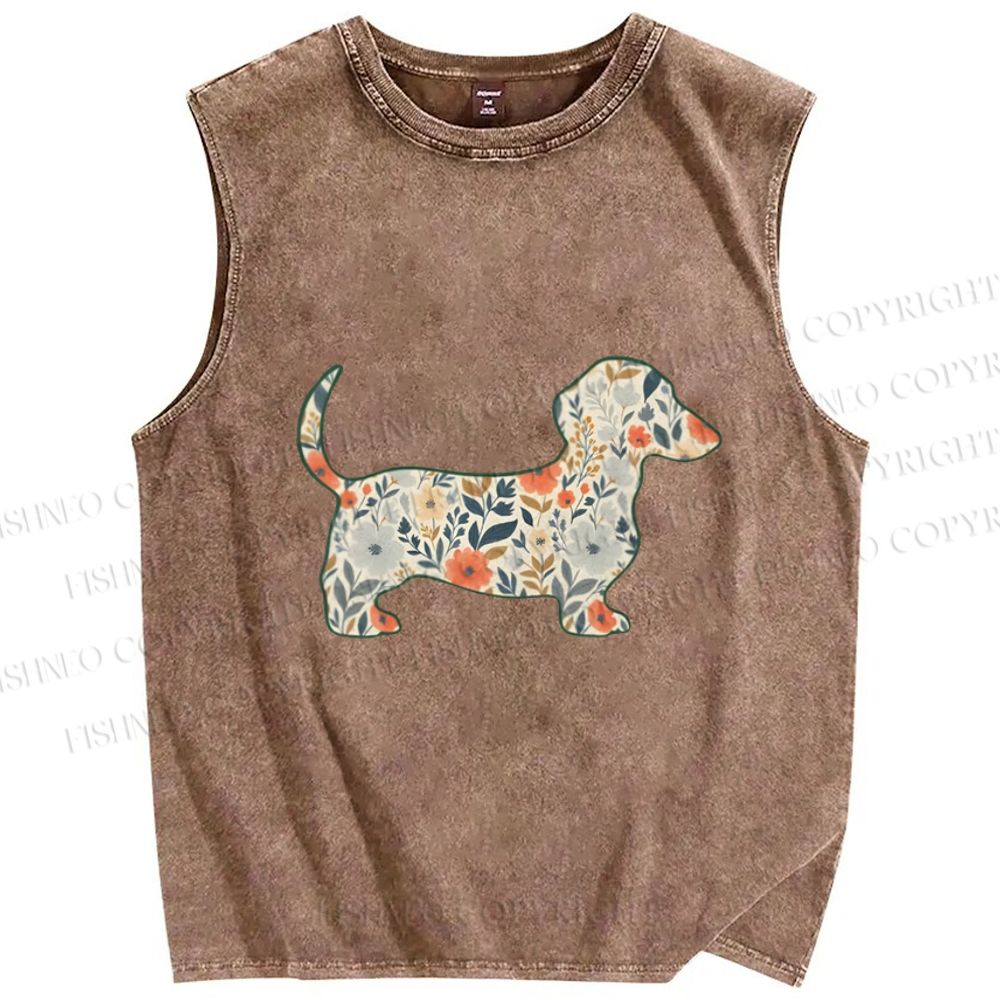 Unisex Floral Dachshund Printed Washed Tank Top