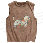 Unisex Floral Dachshund Printed Washed Tank Top