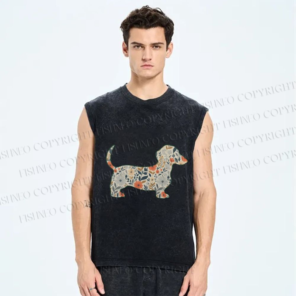 Unisex Floral Dachshund Printed Washed Tank Top
