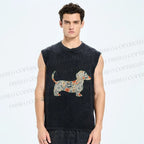 Unisex Floral Dachshund Printed Washed Tank Top