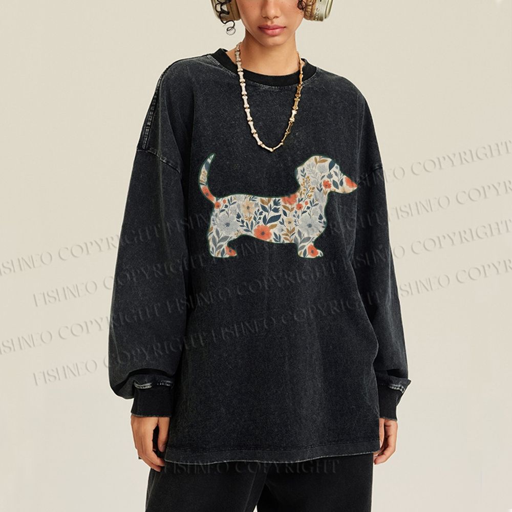 Unisex Casual Washed Floral Dachshund Printed Long Sleeve T-shirt