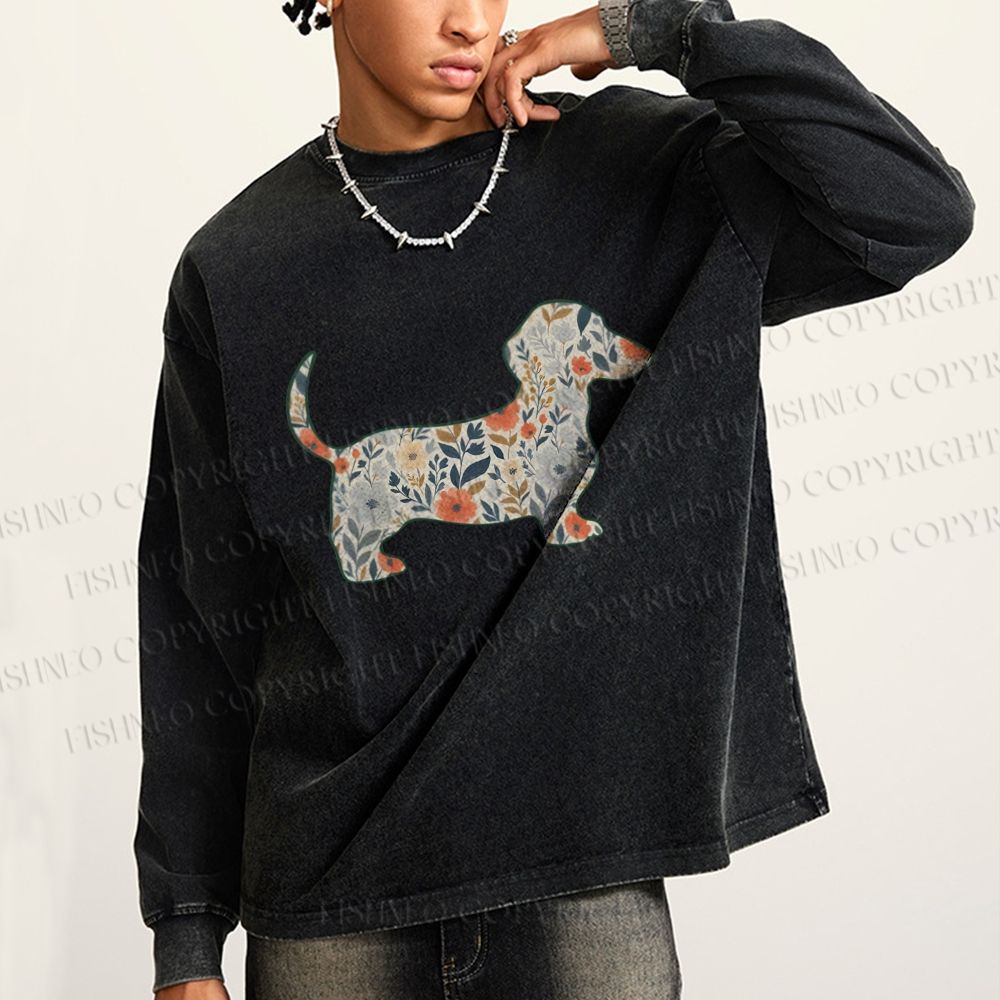 Unisex Casual Washed Floral Dachshund Printed Long Sleeve T-shirt