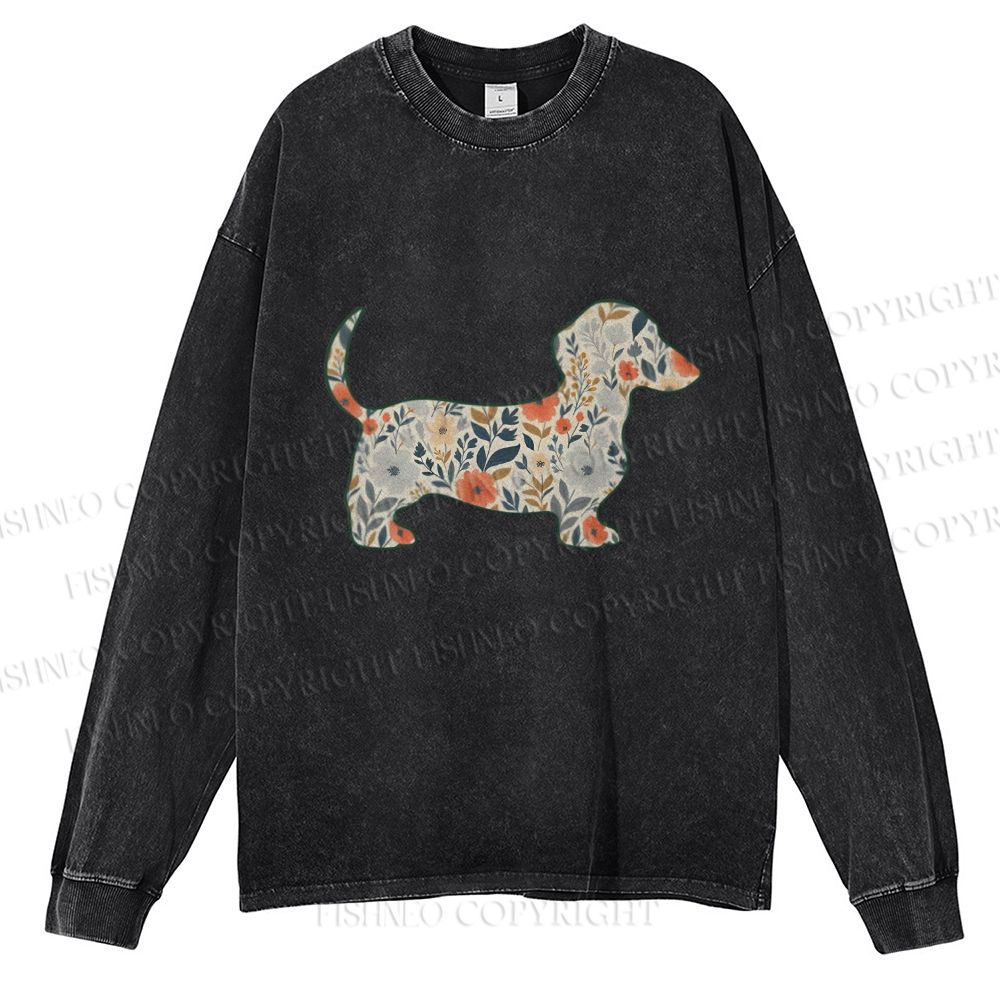Unisex Casual Washed Floral Dachshund Printed Long Sleeve T-shirt