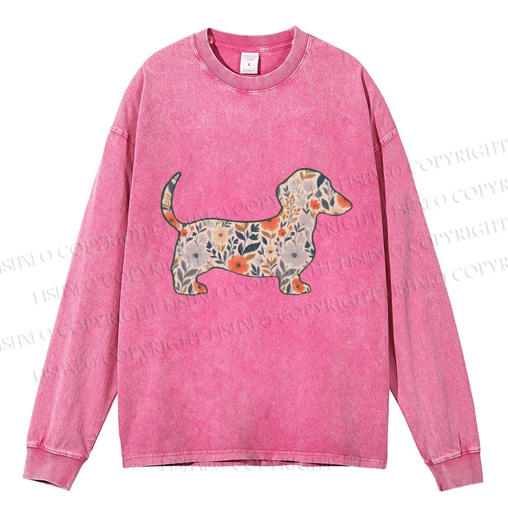 Unisex Casual Washed Floral Dachshund Printed Long Sleeve T-shirt