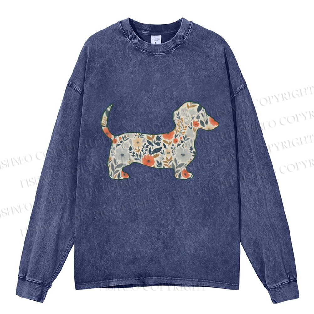 Unisex Casual Washed Floral Dachshund Printed Long Sleeve T-shirt