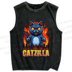 Unisex Catzilla Printed Washed Tank Top