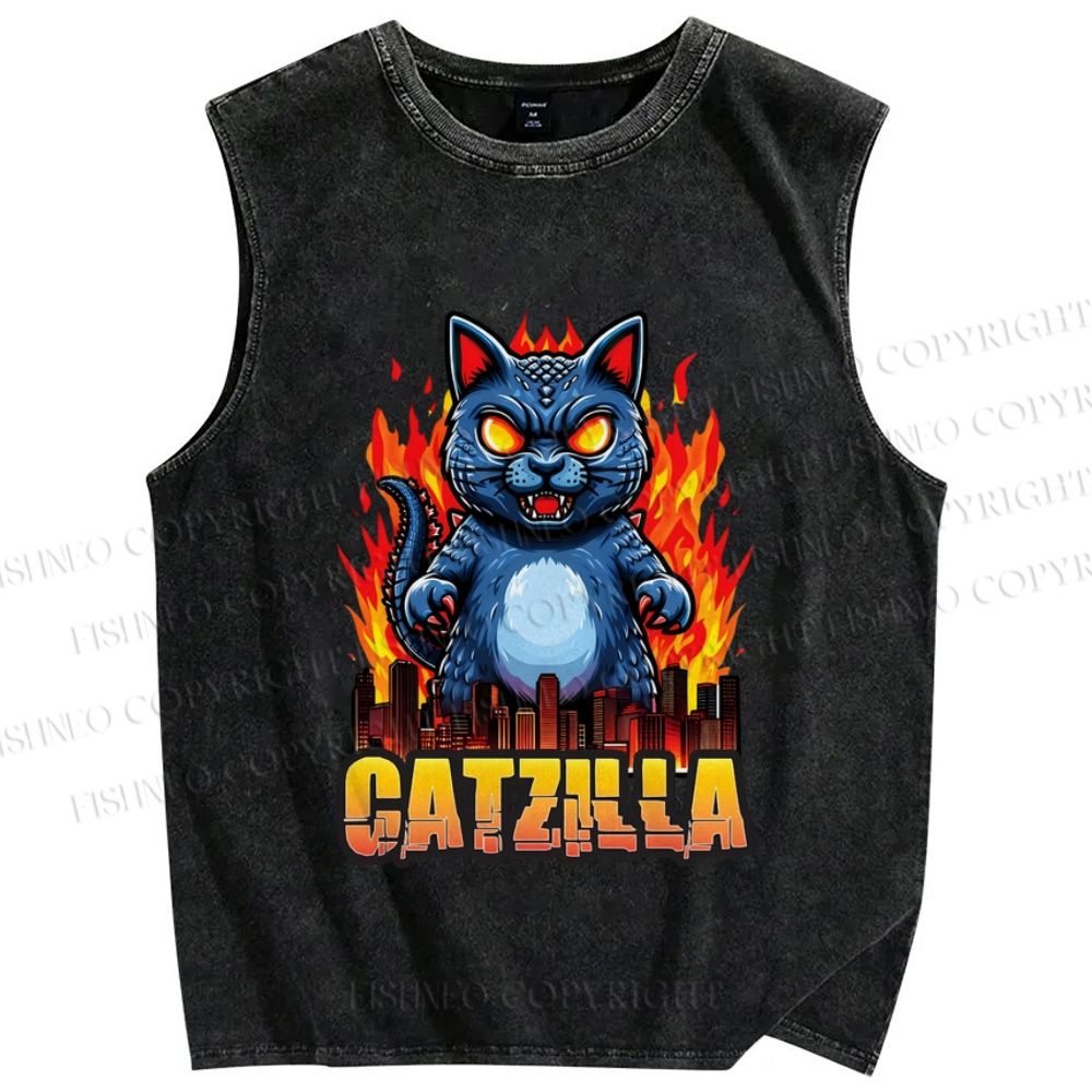 Unisex Catzilla Printed Washed Tank Top