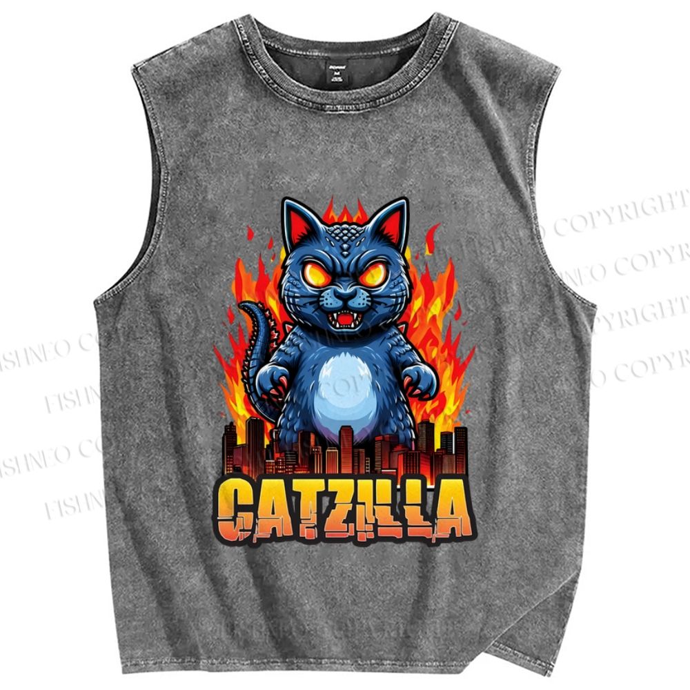 Unisex Catzilla Printed Washed Tank Top