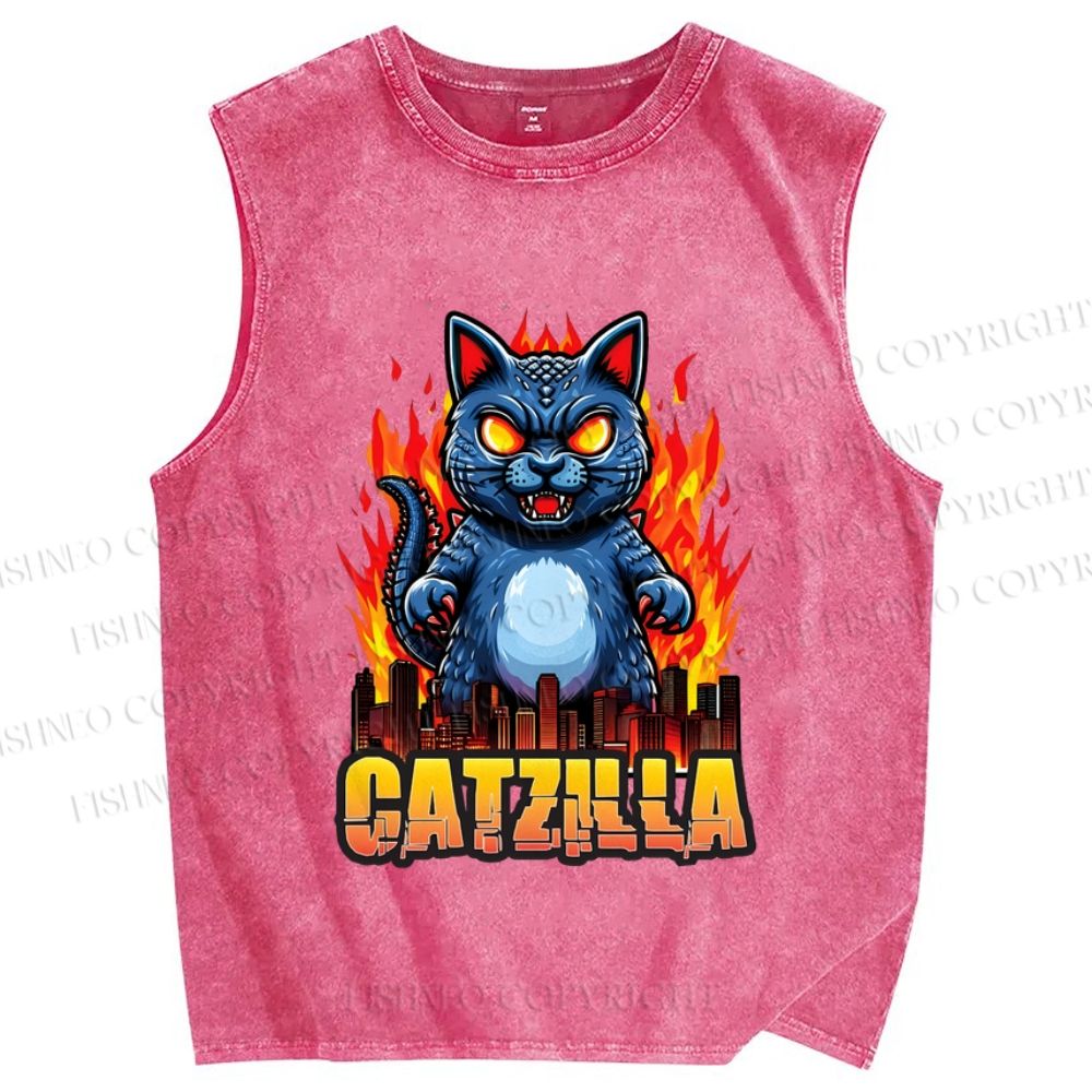 Unisex Catzilla Printed Washed Tank Top