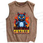 Unisex Catzilla Printed Washed Tank Top