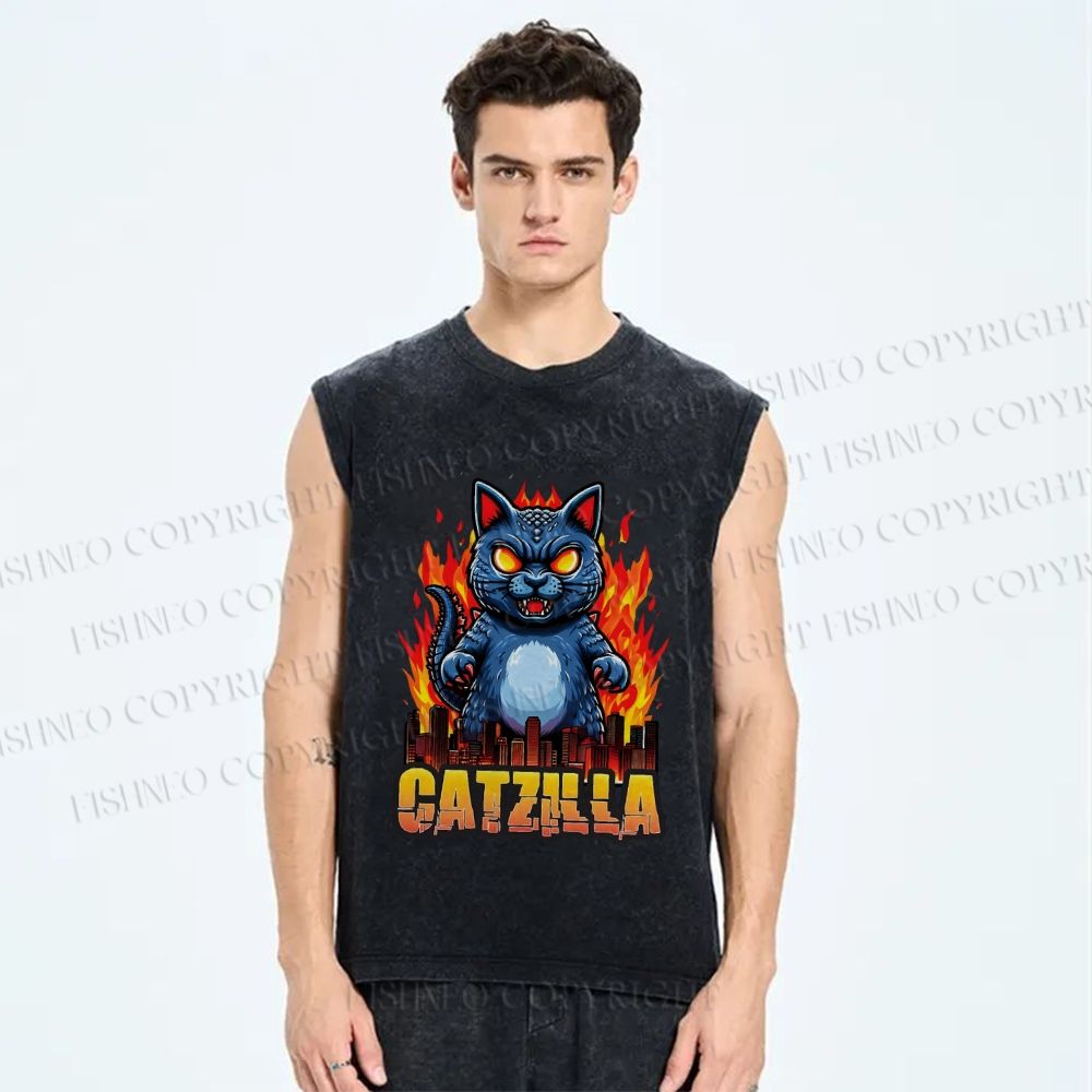 Unisex Catzilla Printed Washed Tank Top