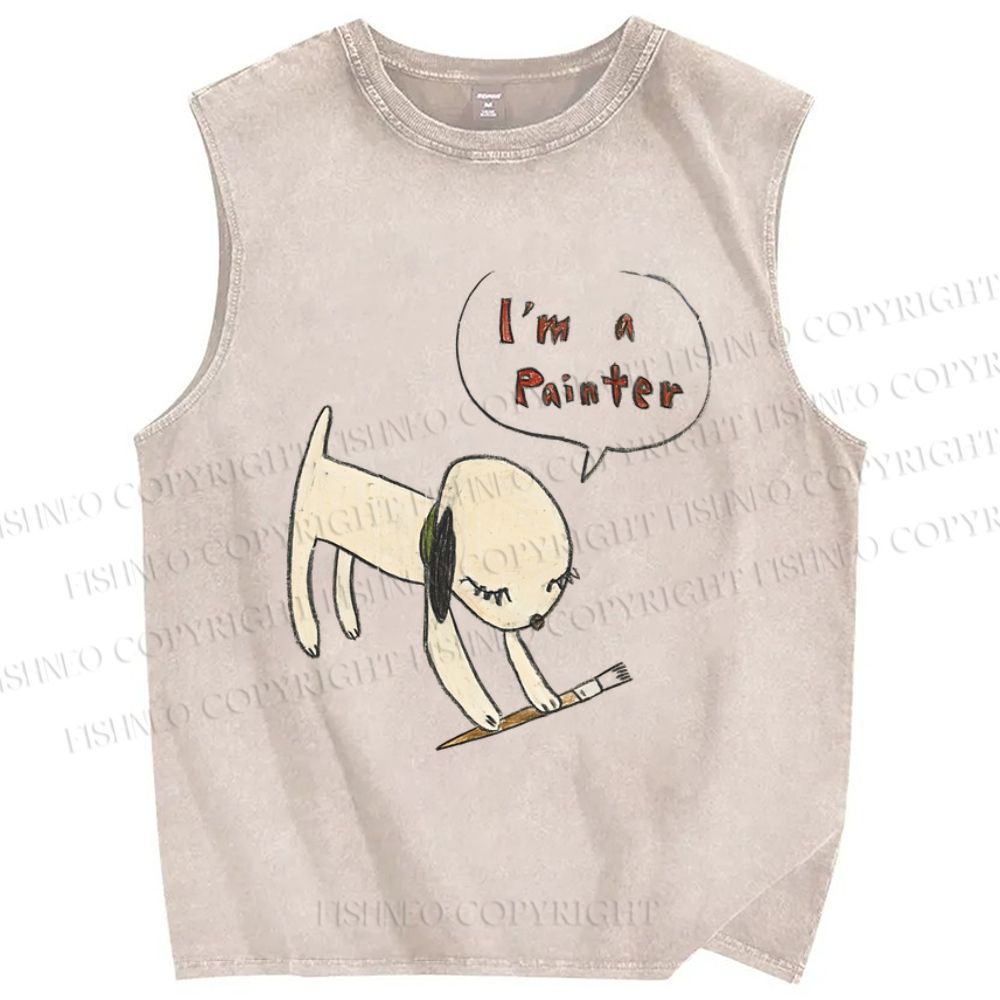 Unisex Yoshitomo Nara  Paintbrush Dog Printed Washed Tank Top