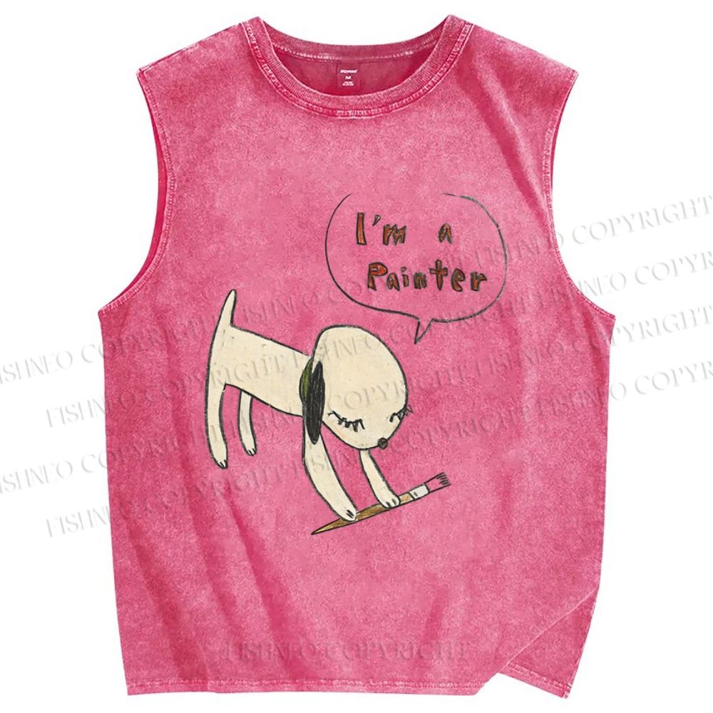 Unisex Yoshitomo Nara  Paintbrush Dog Printed Washed Tank Top