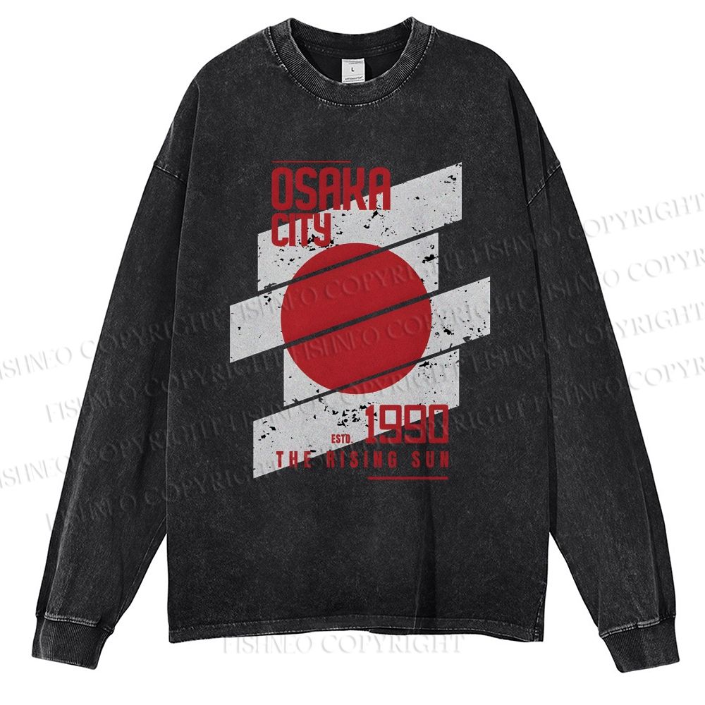 Unisex Casual Washed Osaka City Printed Long Sleeve T-shirt