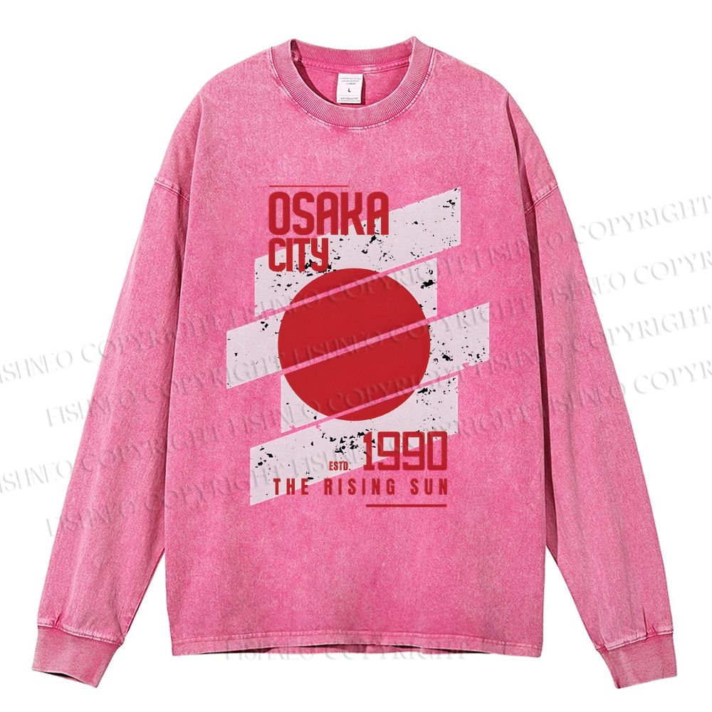 Unisex Casual Washed Osaka City Printed Long Sleeve T-shirt