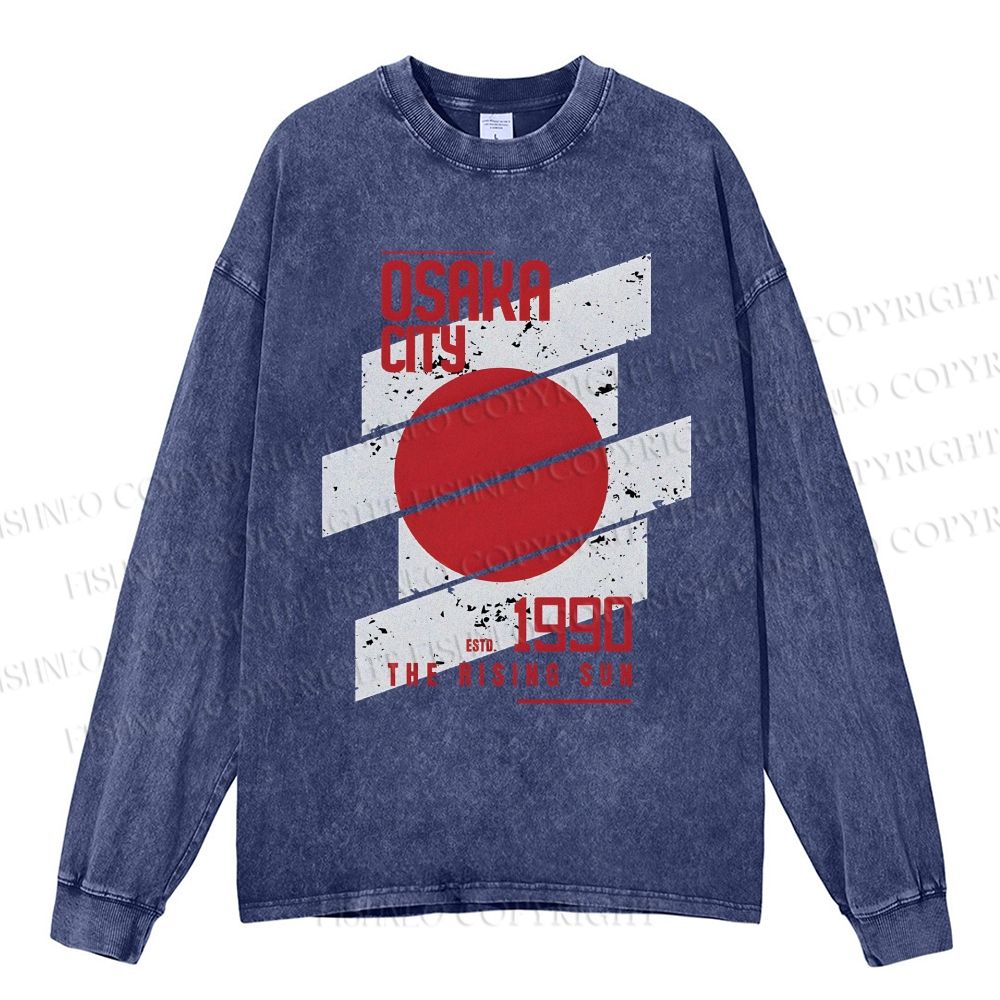 Unisex Casual Washed Osaka City Printed Long Sleeve T-shirt