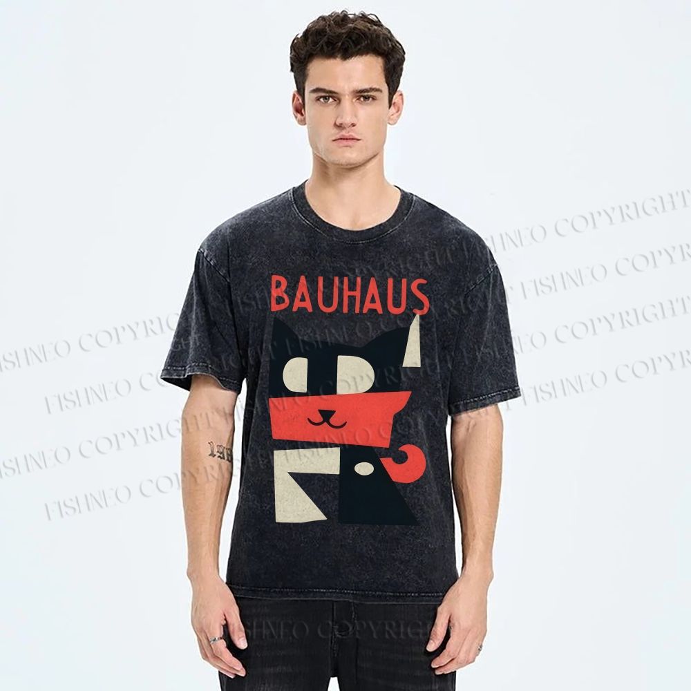 Unisex Bauhaus Geometric Cat Printed Washed Tee