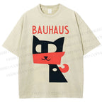 Unisex Bauhaus Geometric Cat Printed Washed Tee