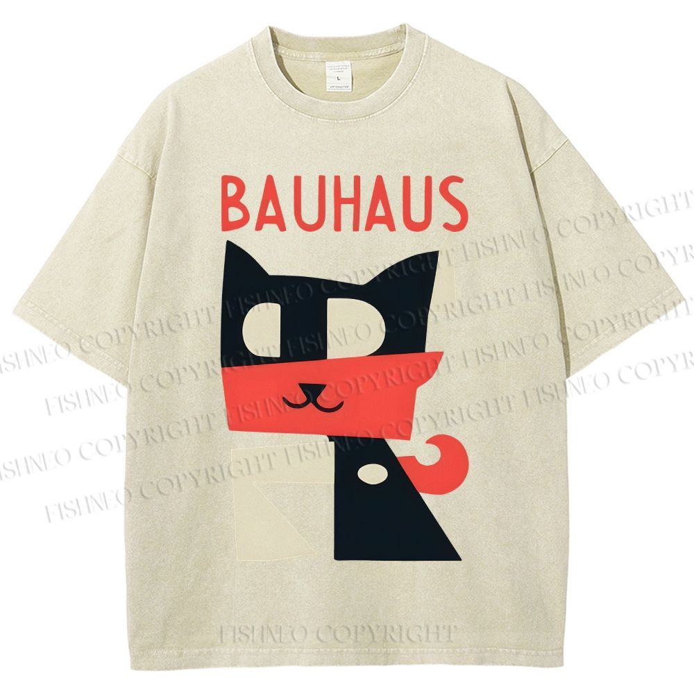 Unisex Bauhaus Geometric Cat Printed Washed Tee