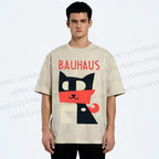 Unisex Bauhaus Geometric Cat Printed Washed Tee