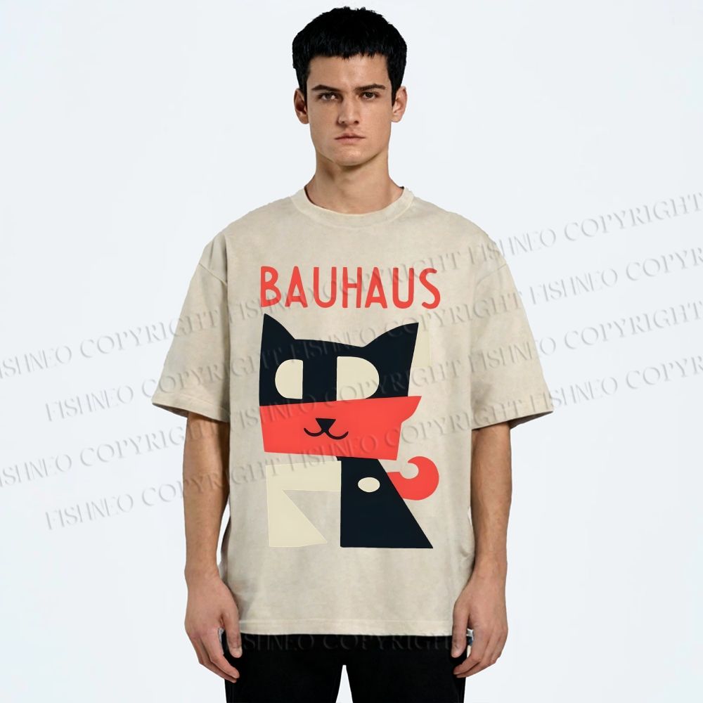 Unisex Bauhaus Geometric Cat Printed Washed Tee