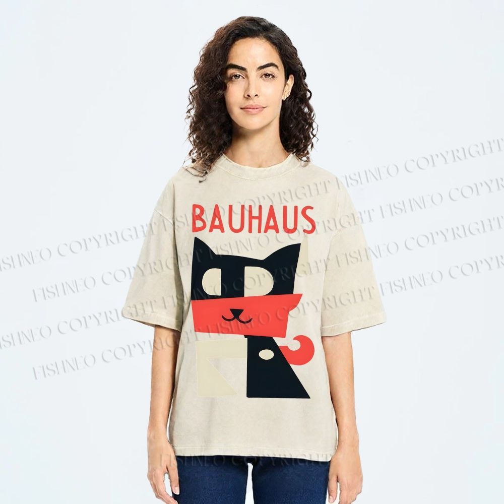 Unisex Bauhaus Geometric Cat Printed Washed Tee