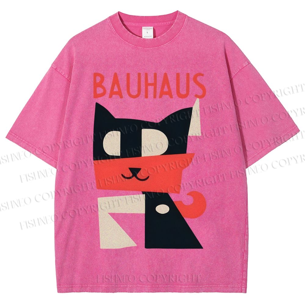 Unisex Bauhaus Geometric Cat Printed Washed Tee