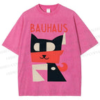 Unisex Bauhaus Geometric Cat Printed Washed Tee
