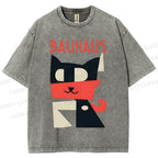 Unisex Bauhaus Geometric Cat Printed Washed Tee