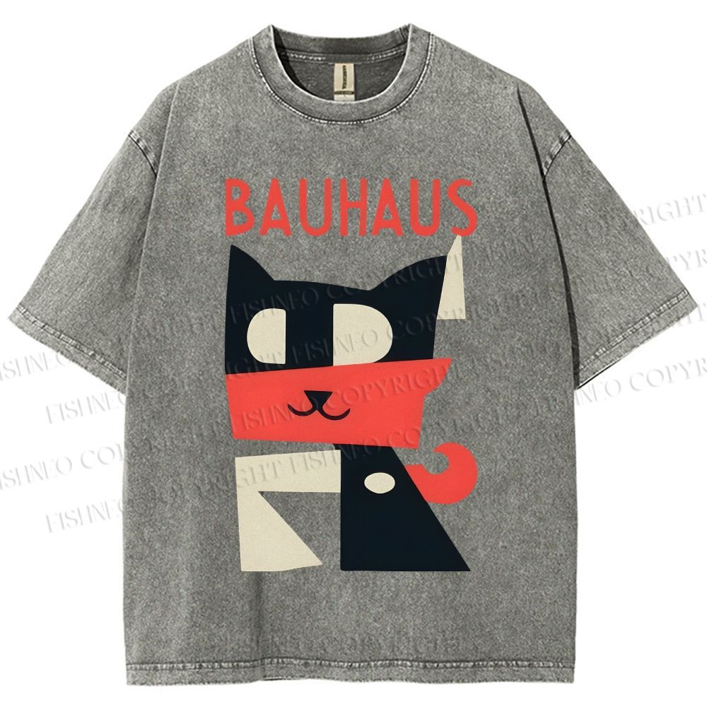 Unisex Bauhaus Geometric Cat Printed Washed Tee