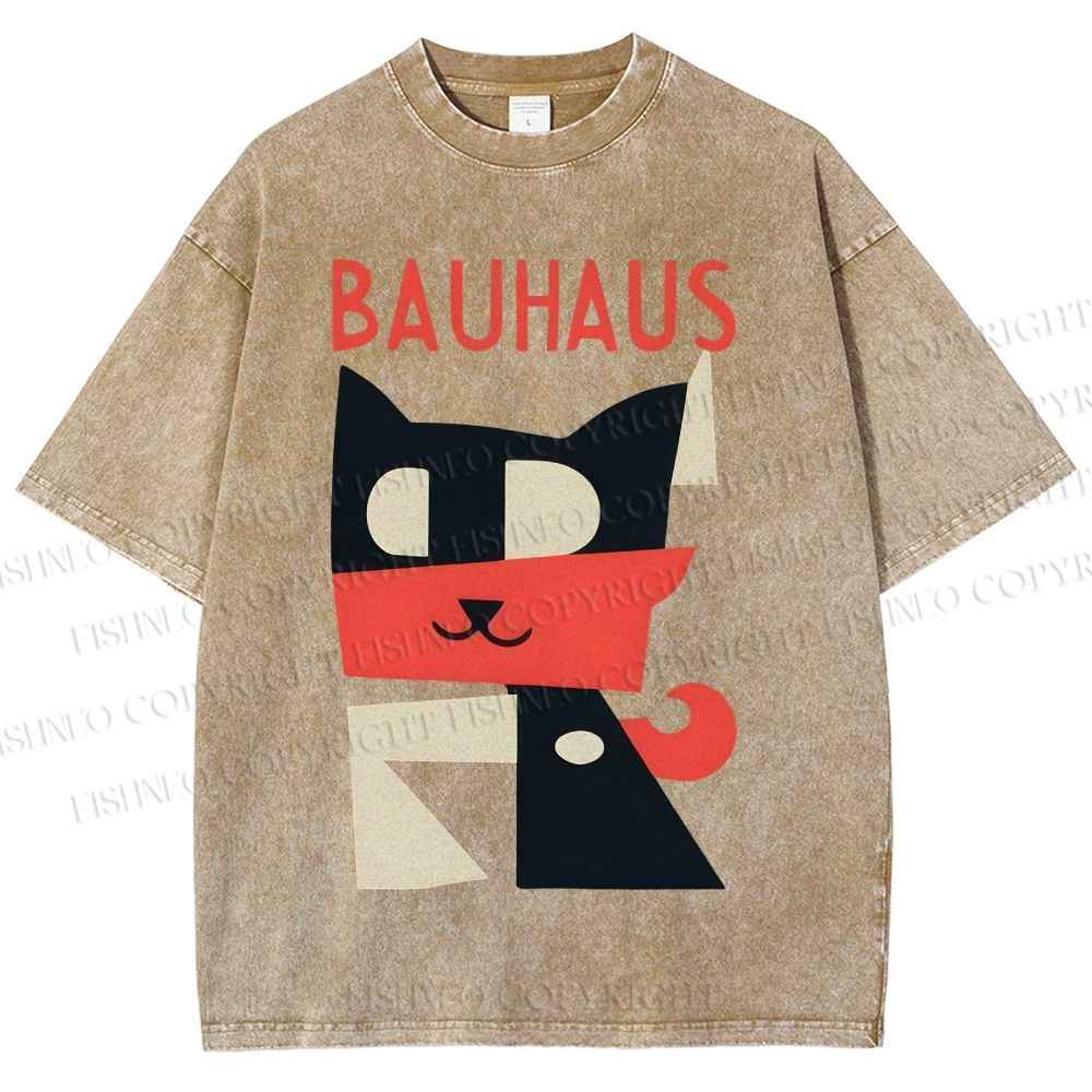 Unisex Bauhaus Geometric Cat Printed Washed Tee