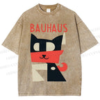 Unisex Bauhaus Geometric Cat Printed Washed Tee