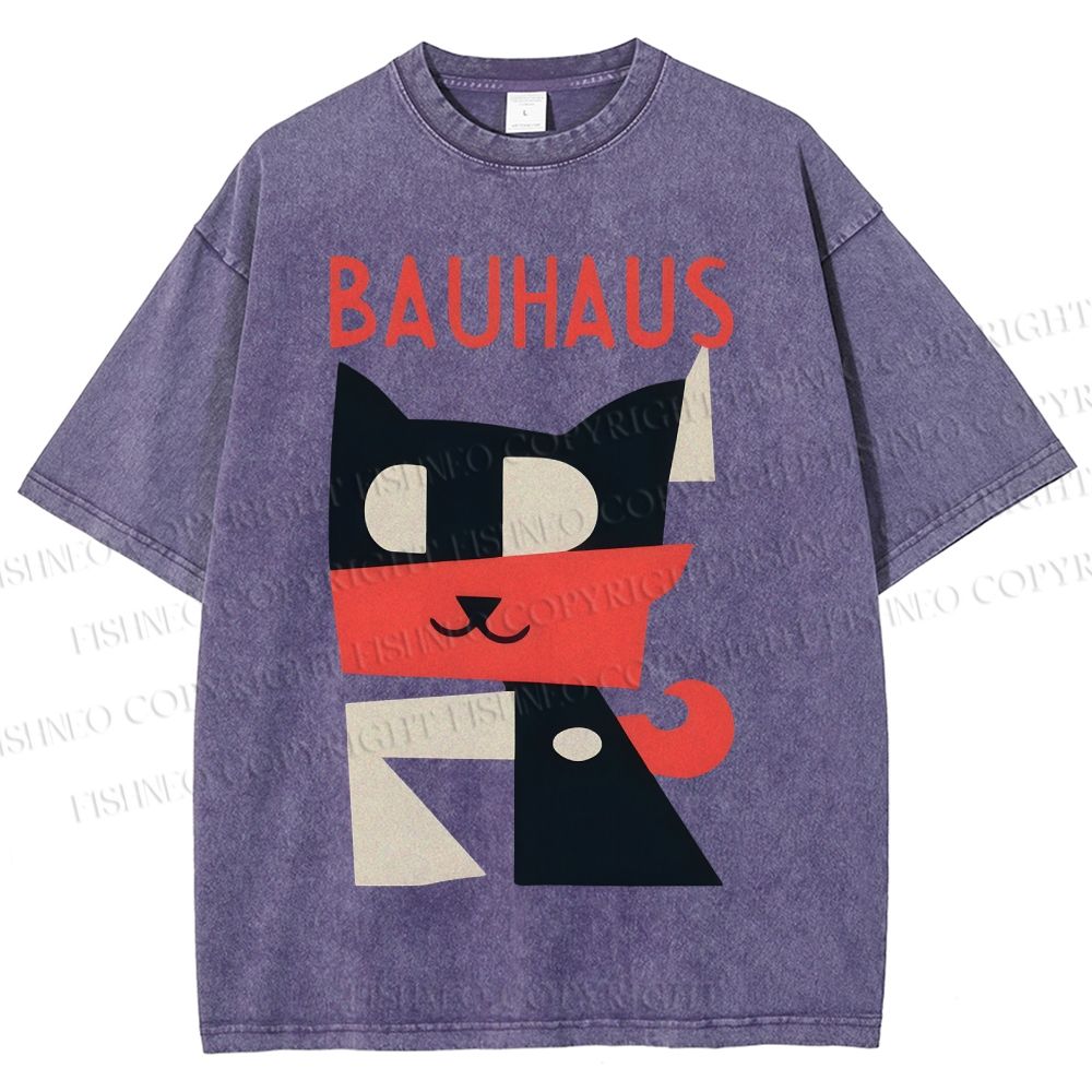 Unisex Bauhaus Geometric Cat Printed Washed Tee