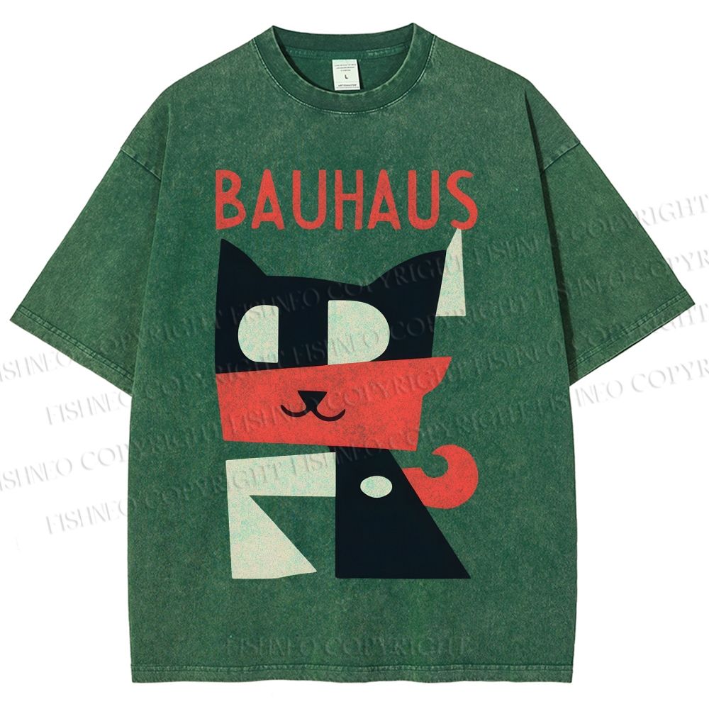 Unisex Bauhaus Geometric Cat Printed Washed Tee