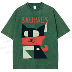 Unisex Bauhaus Geometric Cat Printed Washed Tee