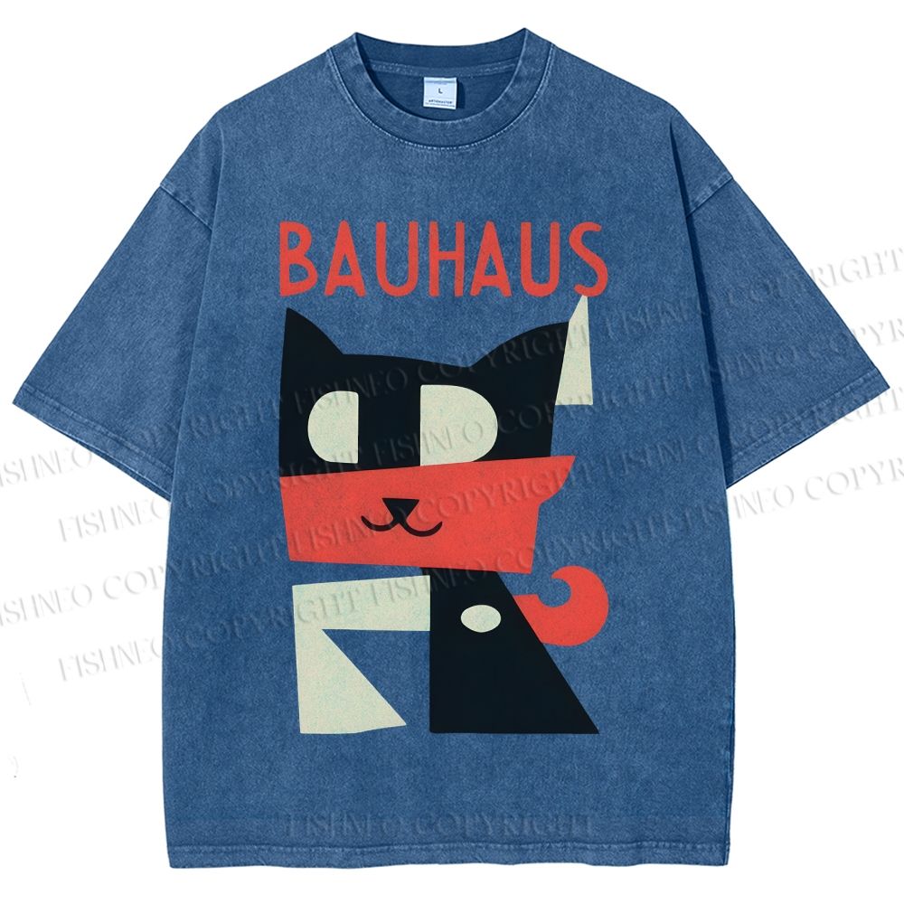 Unisex Bauhaus Geometric Cat Printed Washed Tee