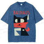 Unisex Bauhaus Geometric Cat Printed Washed Tee