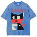 Unisex Bauhaus Geometric Cat Printed Washed Tee