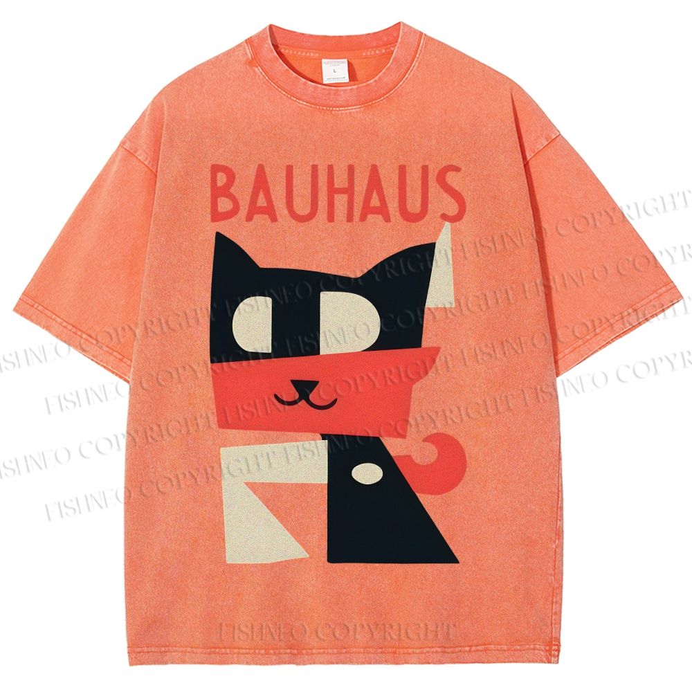 Unisex Bauhaus Geometric Cat Printed Washed Tee