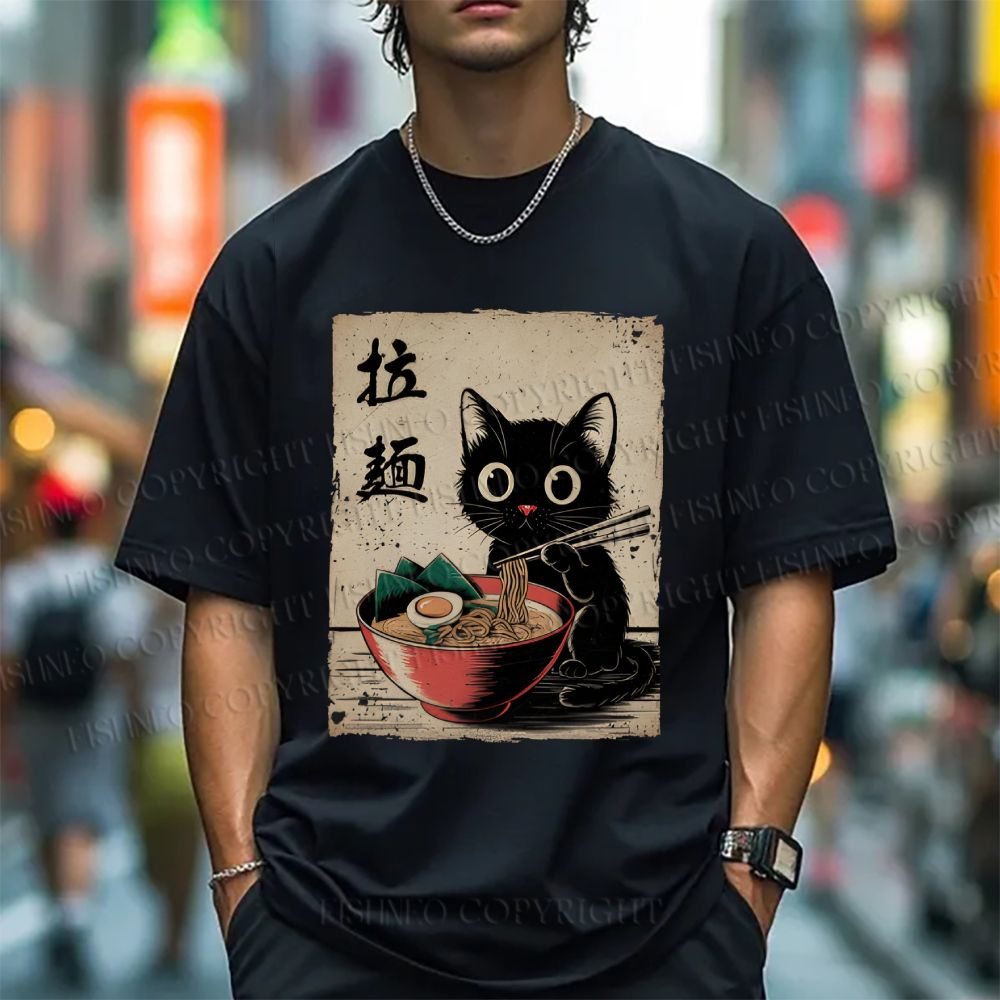 Unisex Classic Adorable Black Cat Enjoying Ramen Printed Cotton Printed T-shirt