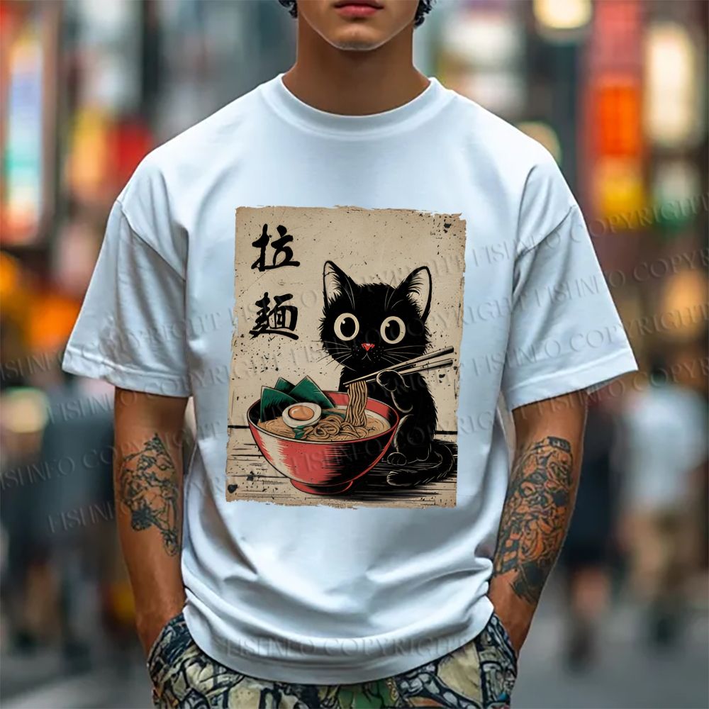 Unisex Classic Adorable Black Cat Enjoying Ramen Printed Cotton Printed T-shirt