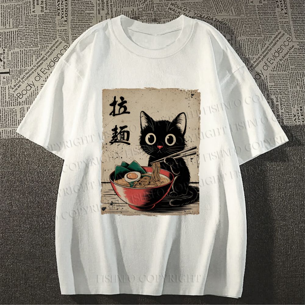 Unisex Classic Adorable Black Cat Enjoying Ramen Printed Cotton Printed T-shirt