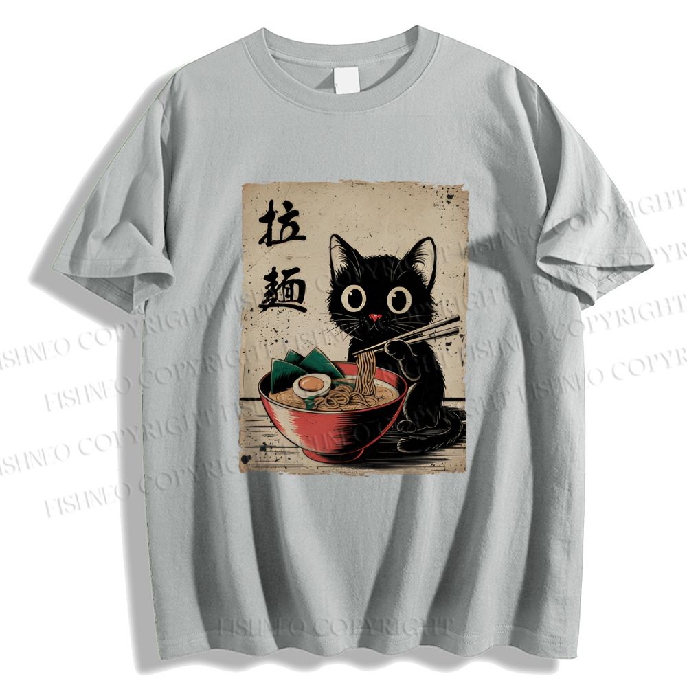 Unisex Classic Adorable Black Cat Enjoying Ramen Printed Cotton Printed T-shirt